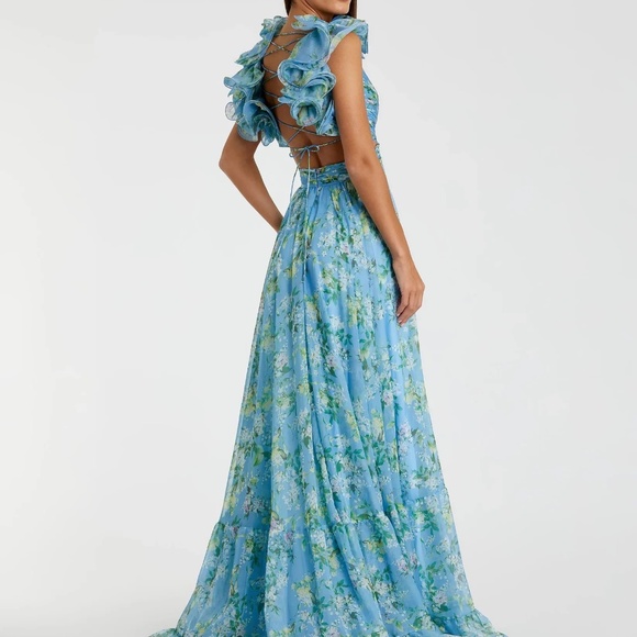 Mac Duggal Dresses & Skirts - Mac Duggal Blue Ruffle Tiered Floral Cut-Out Chiffon Maxi Gown 67803 NWT